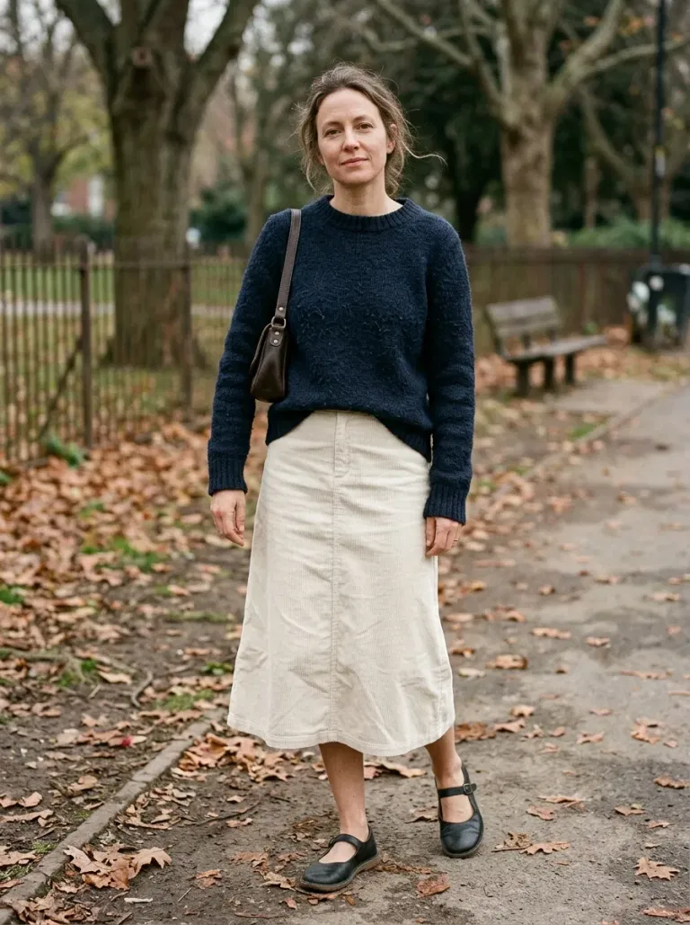 Navy Textured Sweater with Cream Corduroy A-Line Skirt