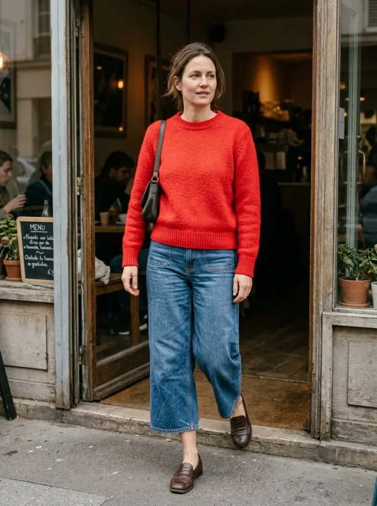 Bright-Red Crewneck Sweater with Mid-Wash Denim Culottes