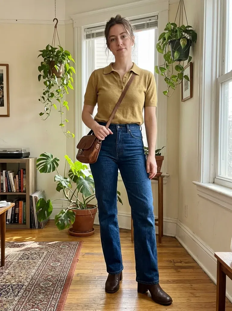 Mustard Knit Polo with Dark Flares