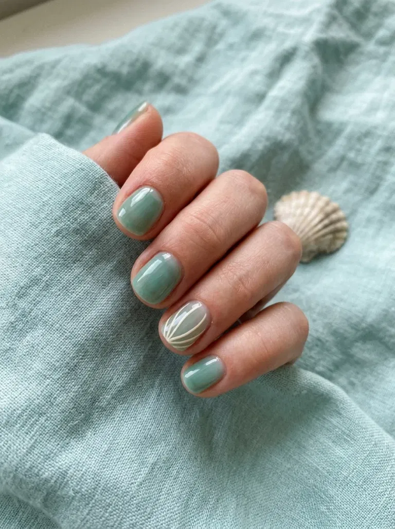 Seafoam Glass Shell Accent nail design