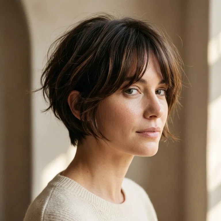 Woman wearing a layered bixie haircut with a long fringe