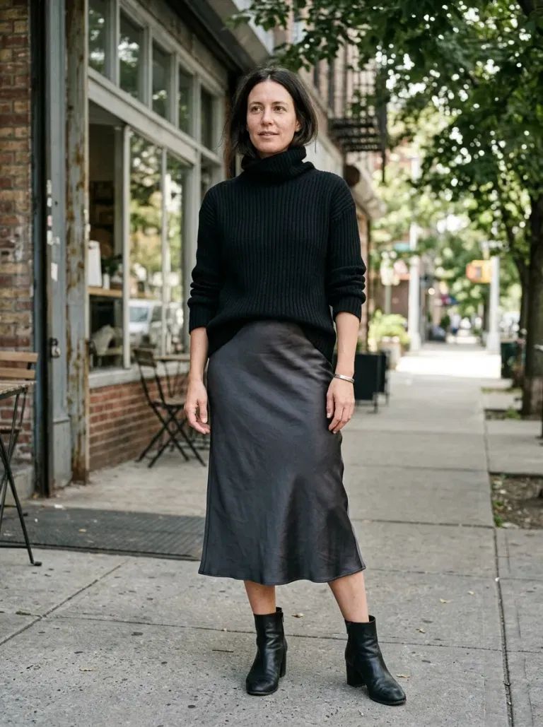 Black Ribbed Turtleneck Sweater with Charcoal Satin Midi Skirt