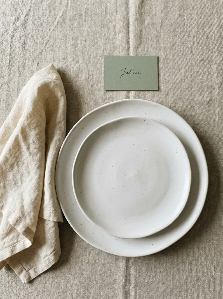 Minimal Sage Place Card and White Ceramics