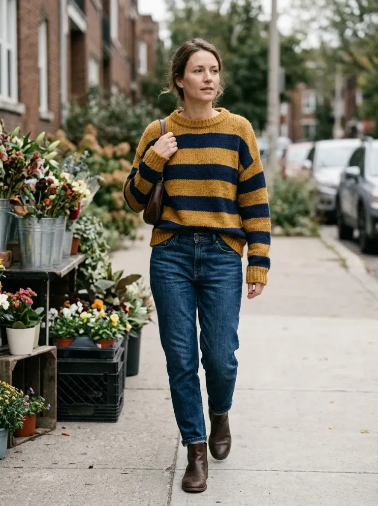 Mustard-And-Navy Striped Knit Sweater with Dark Blue Tapered Jeans