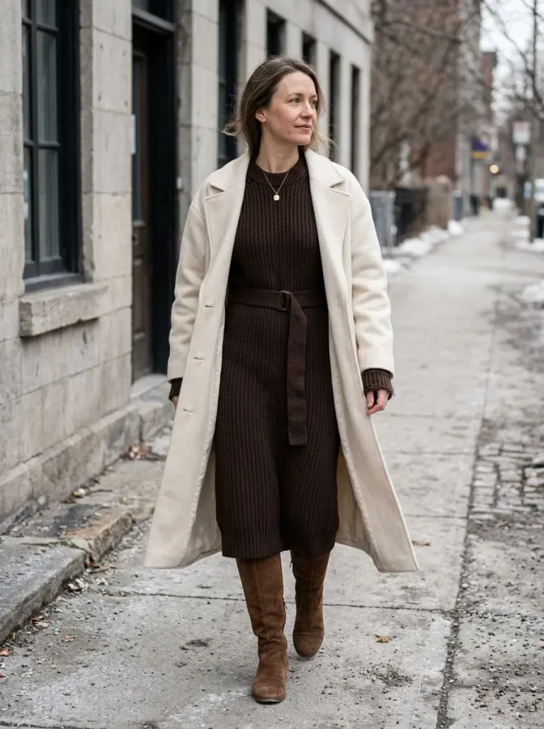 Chocolate Belted Midi Sweater Dress with Cream Long Coat