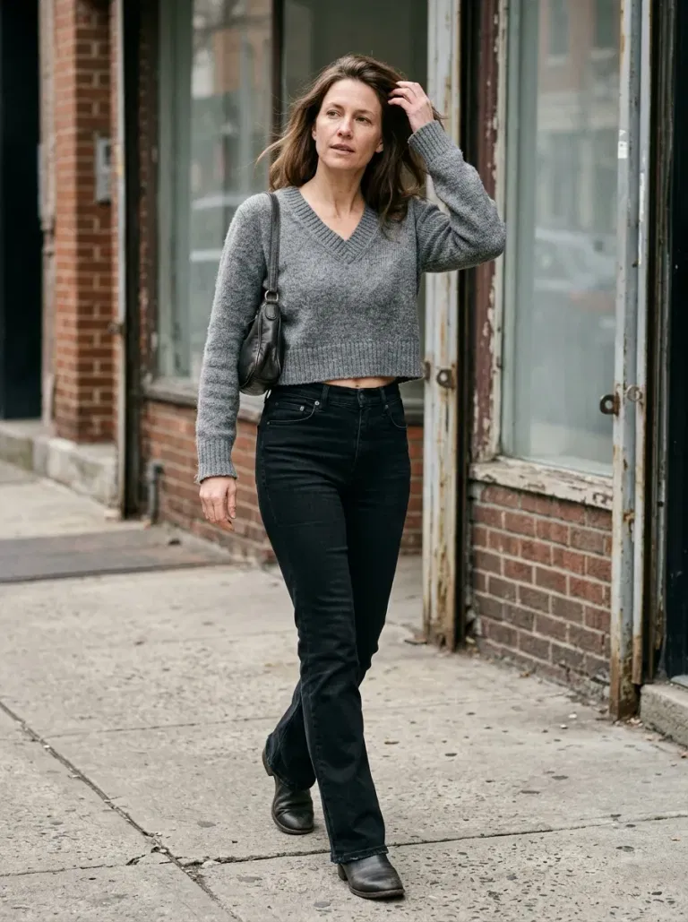 Grey Cropped V-Neck Sweater with High-Rise Black Bootcut Jeans