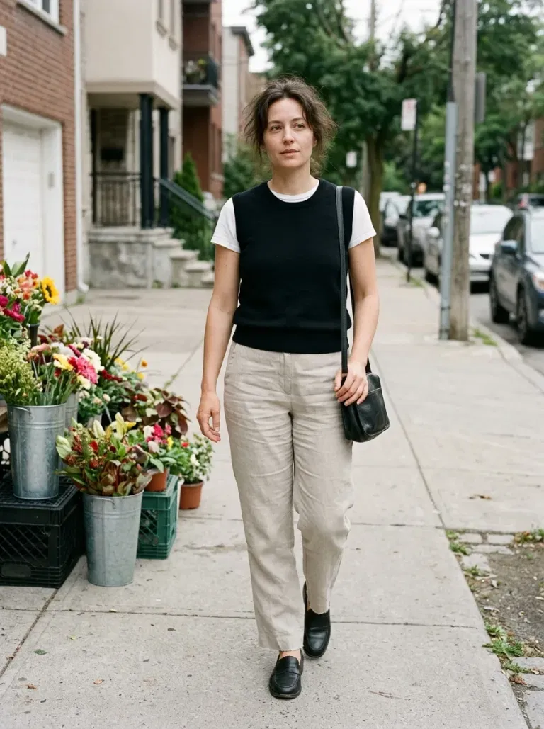 Black Fine-Knit Sweater Vest with Stone Linen Trousers