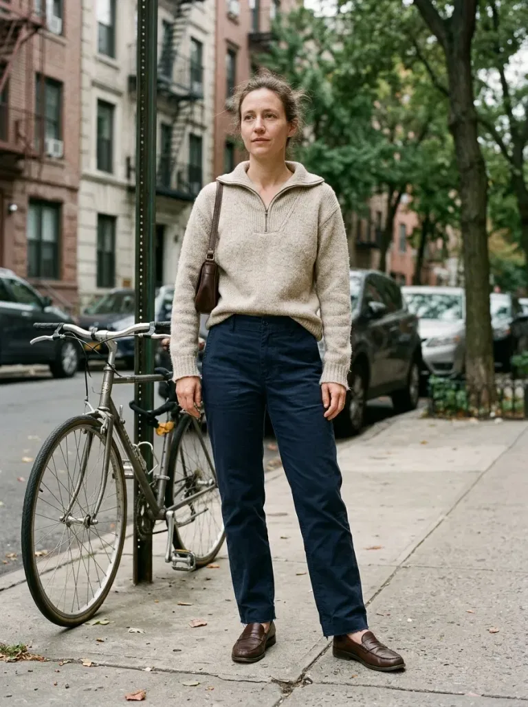 Oatmeal Half-Zip Sweater with Navy Straight Trousers