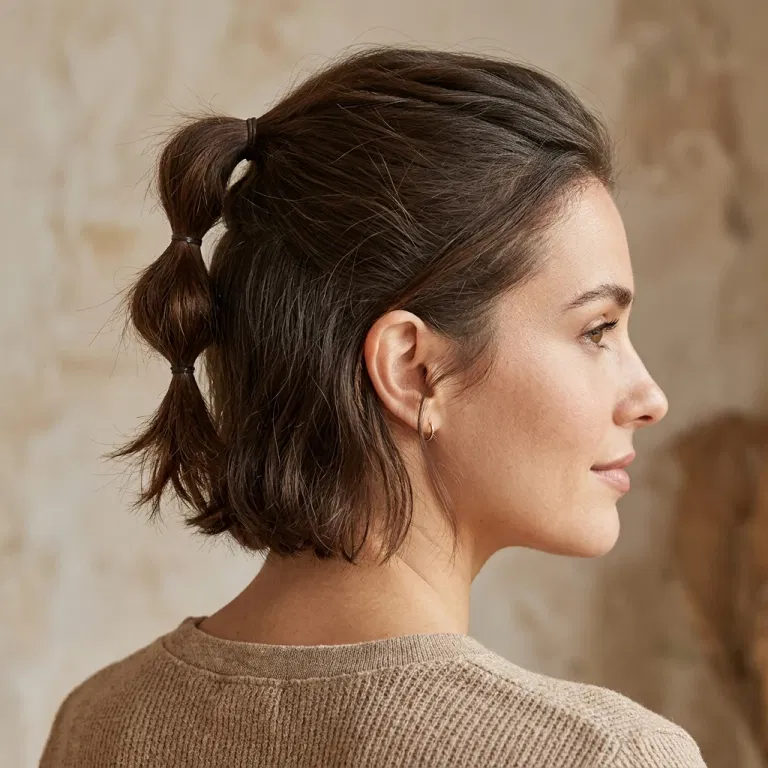 Short hair styled in a small bubble ponytail