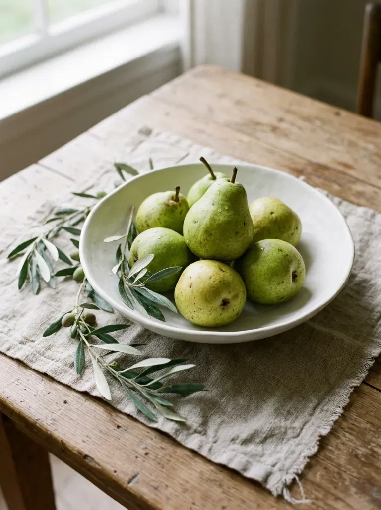 Green Pears in a Ceramic Bowl