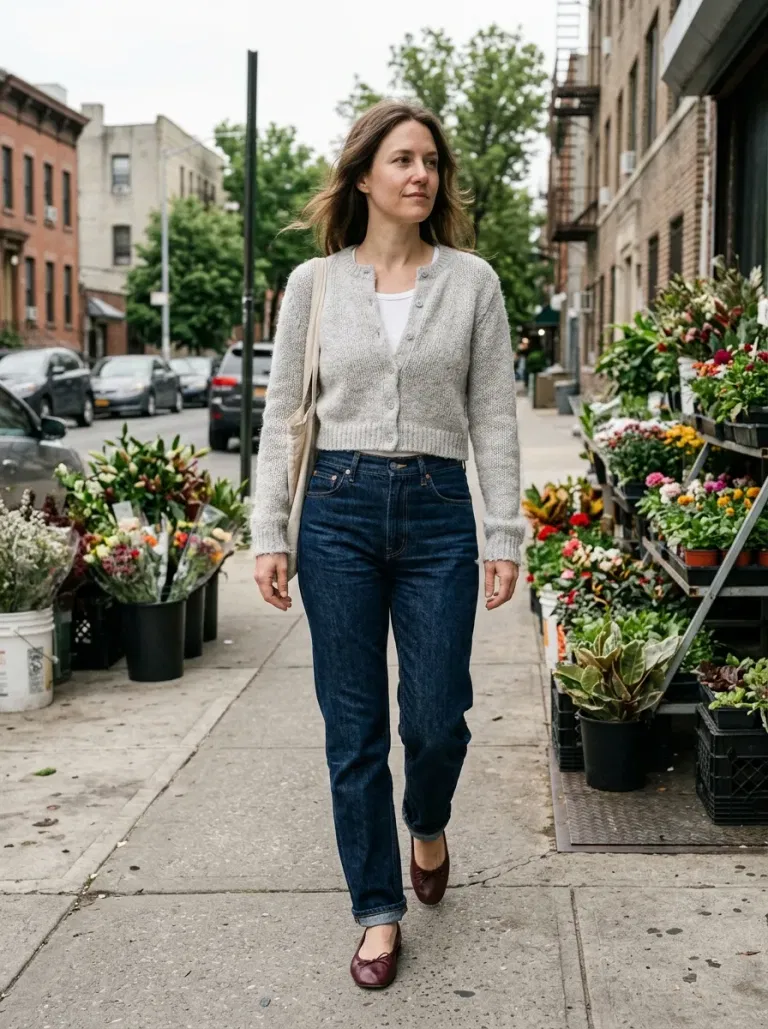 Light-Grey Cropped Cardigan with Dark Indigo High-Rise Jeans