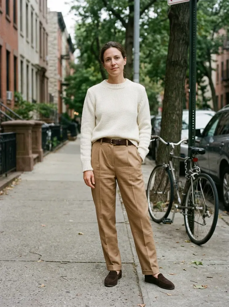Ivory Dense-Knit Crewneck Sweater with Camel Tailored Trousers