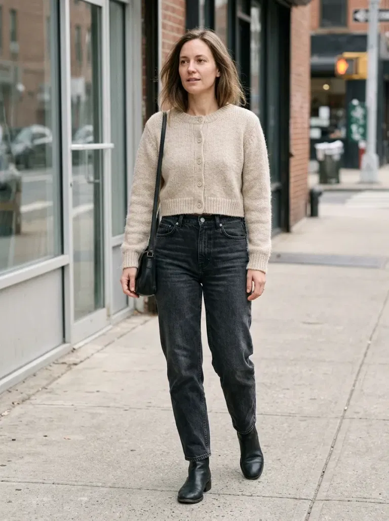 Oatmeal Cropped Cardigan with High-Rise Washed-Black Barrel Jeans