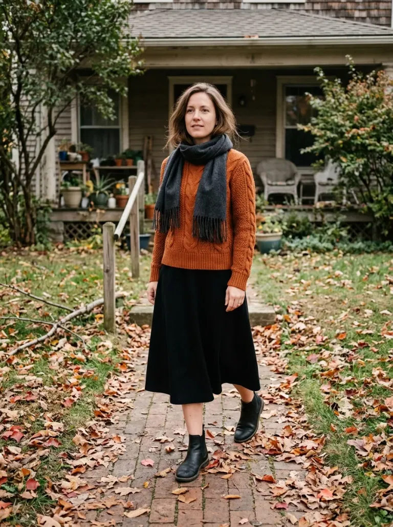 Pumpkin Cable-Knit with Black Midi Skirt