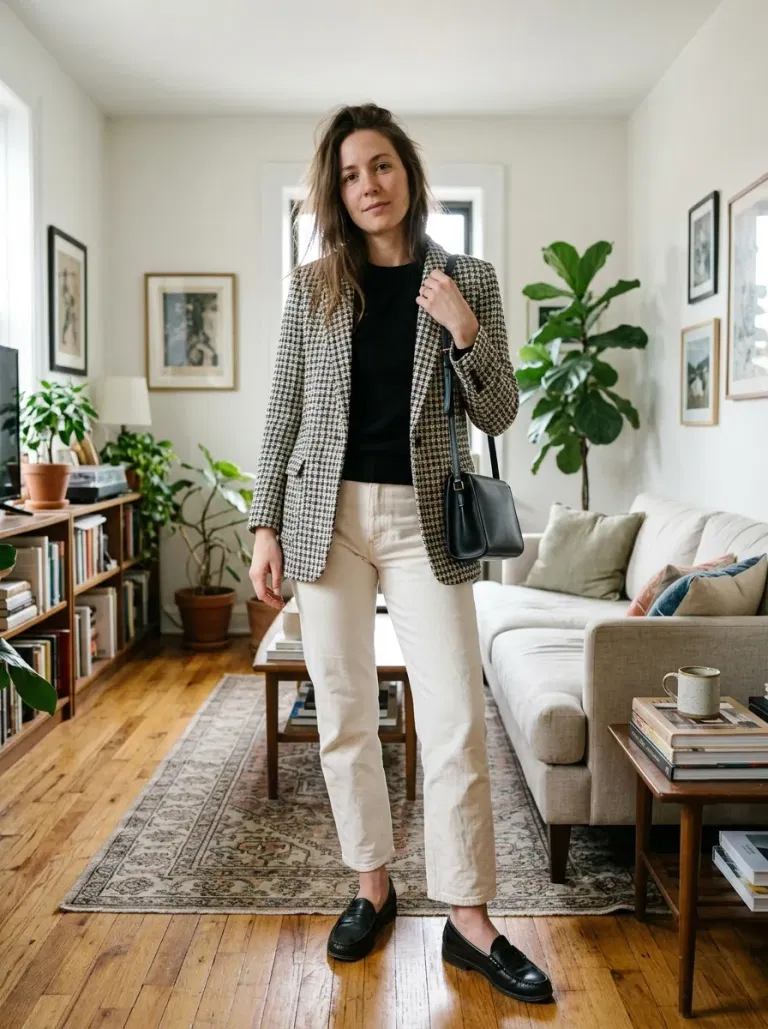 Black Tweed Blazer and Ecru Jeans
