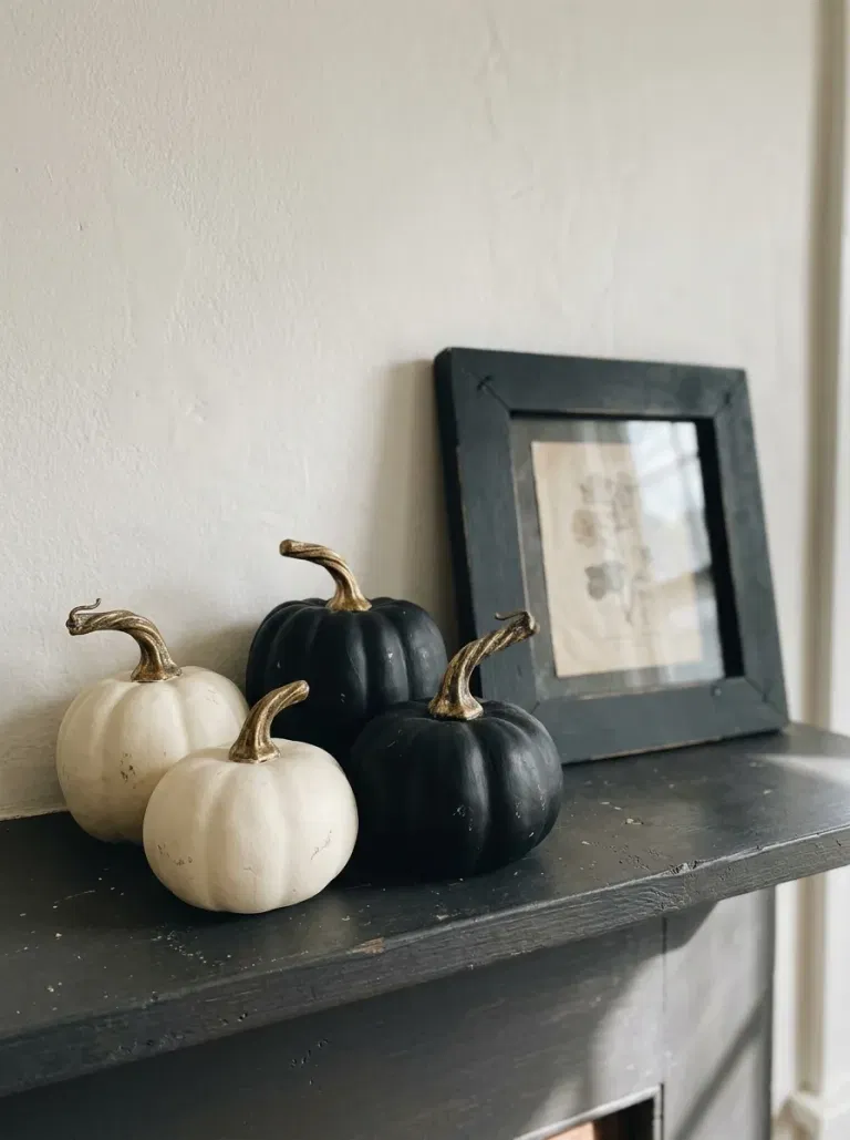 Gold-Stem Pumpkins on a Dark Mantel