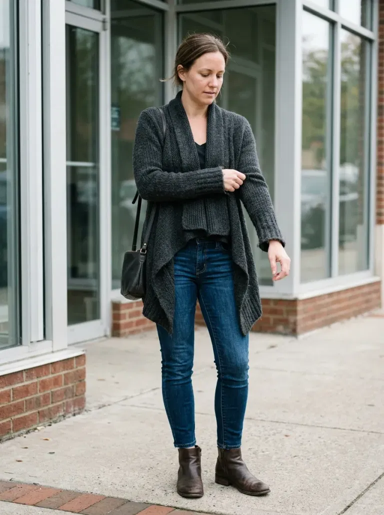 Charcoal Waterfall Cardigan with Dark Blue Skinny Jeans