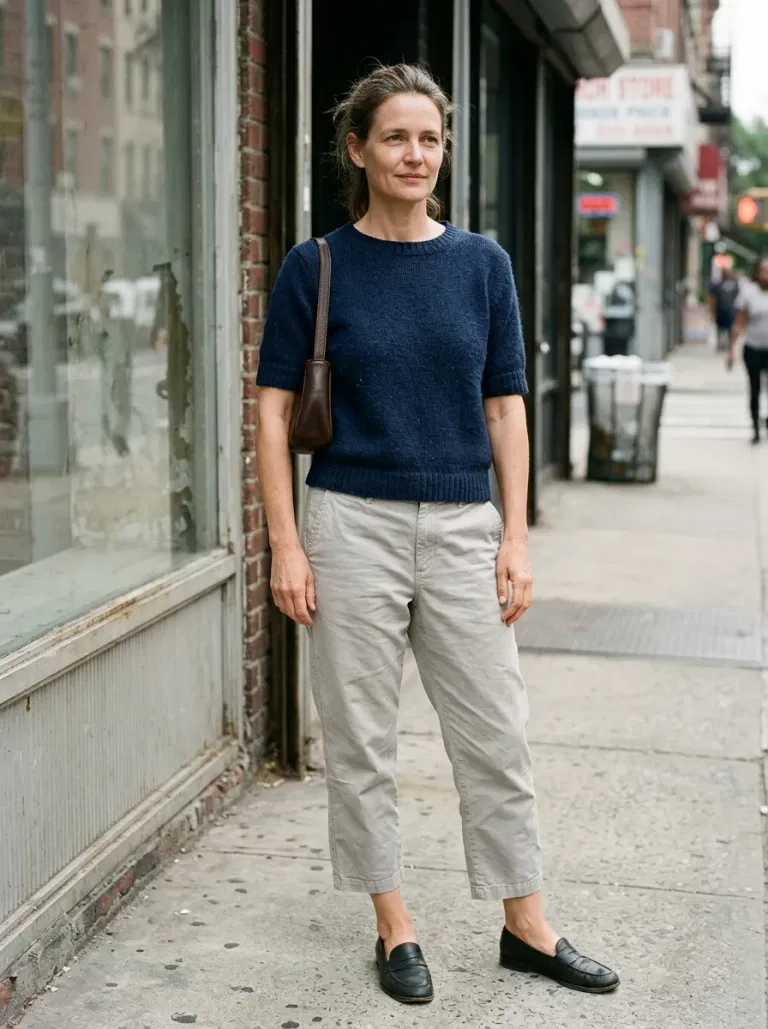 Navy Blue Short-Sleeve Sweater with Stone Cropped Chinos