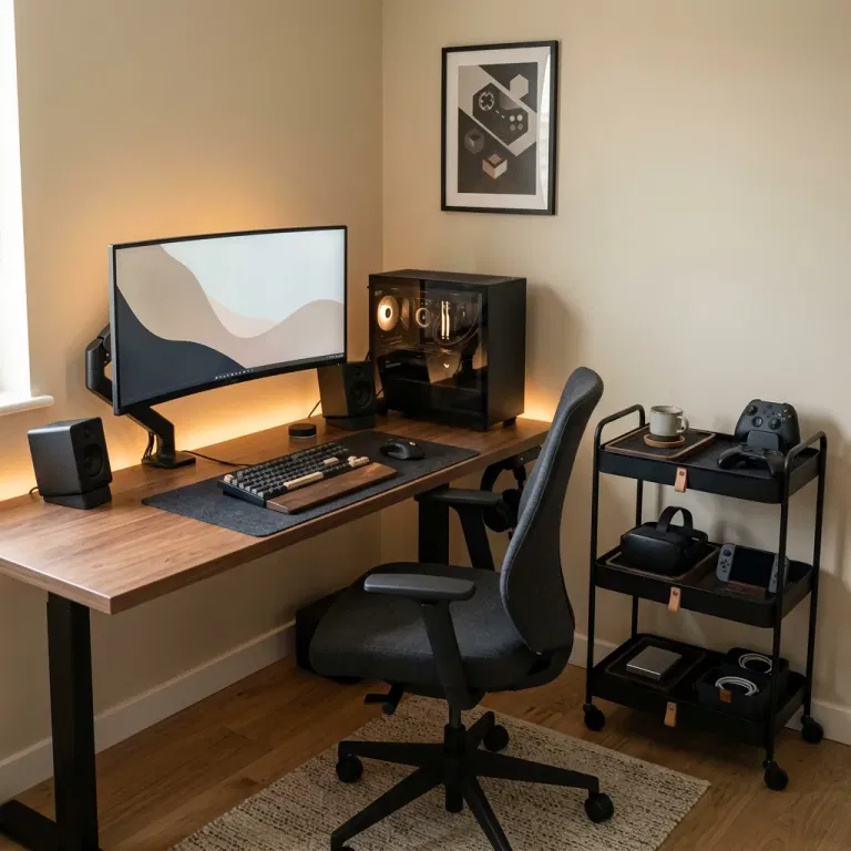 Compact gaming desk with a three-tier rolling cart for gaming accessories
