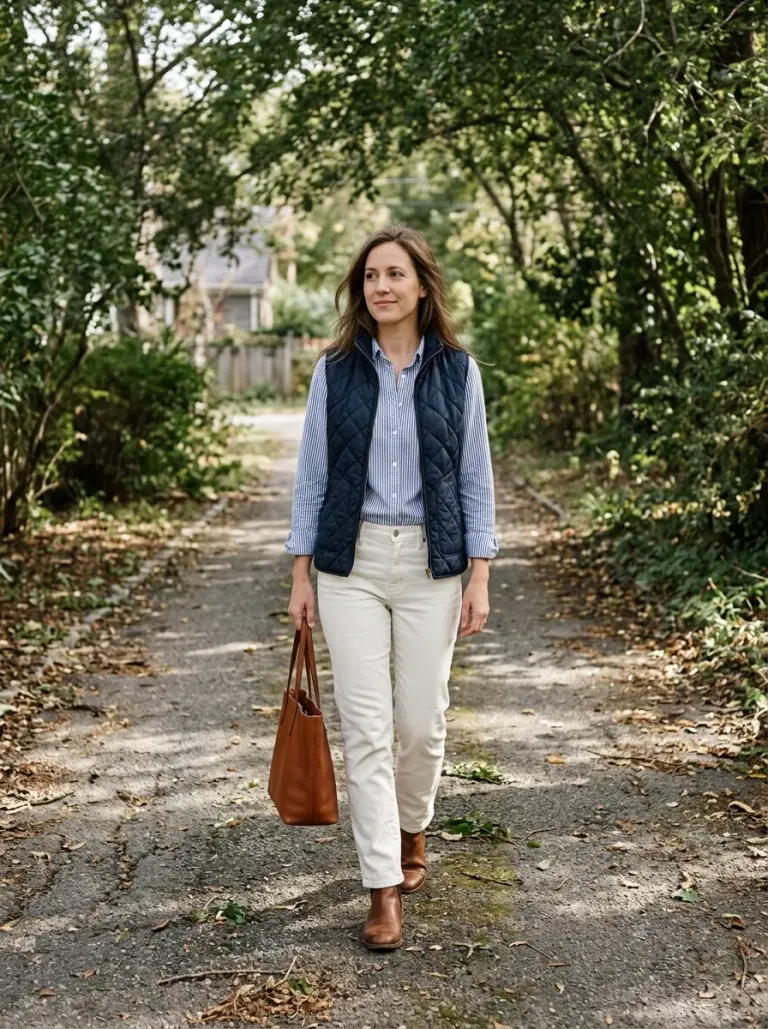 Navy Quilted Vest with White Denim