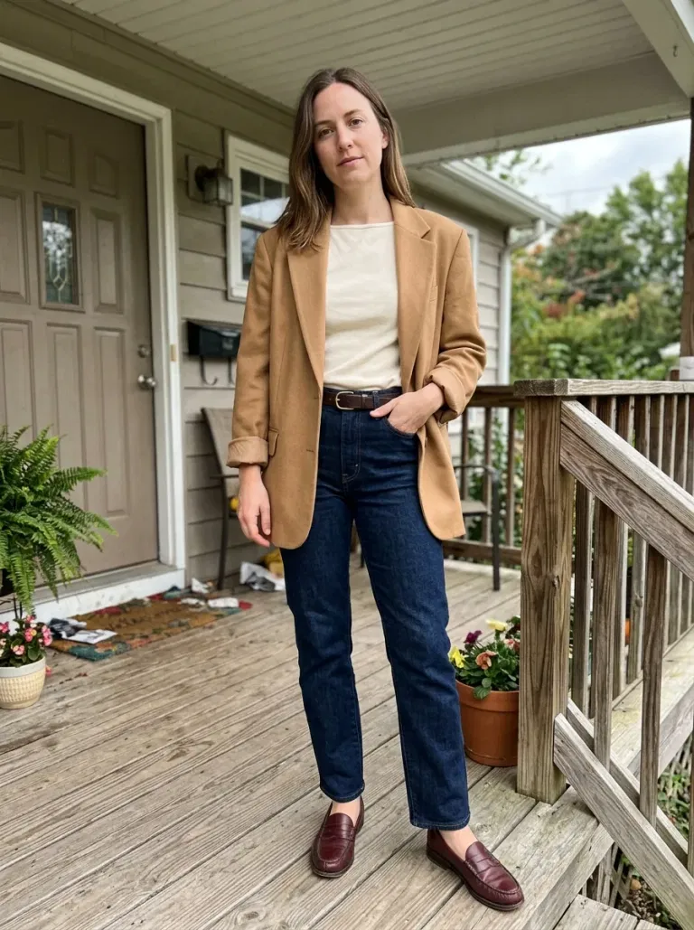 Camel Blazer and Dark Denim