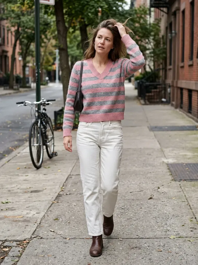 Pink-And-Grey Striped V-Neck Sweater with White Straight Jeans
