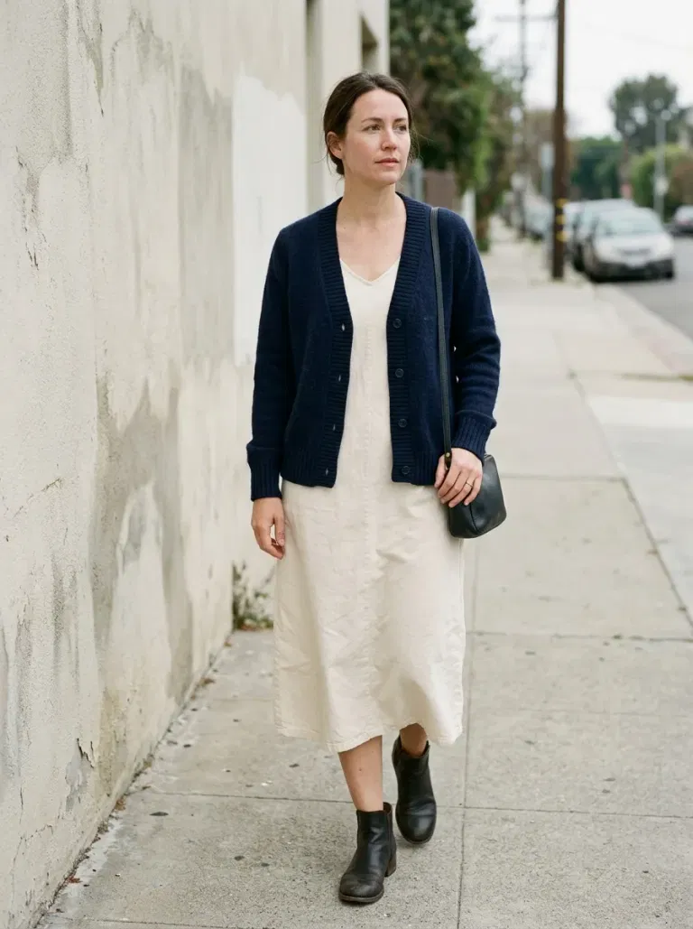 Navy Blue V-Neck Cardigan with Cream Sleeveless Midi Dress