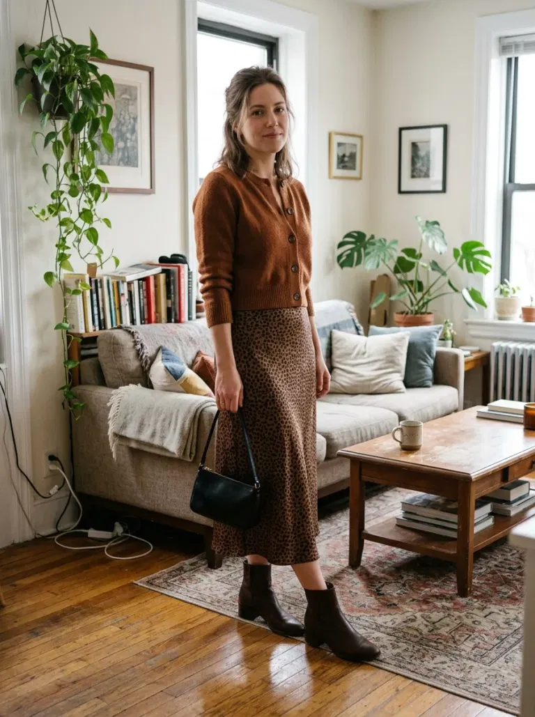 Muted Leopard Skirt and Cinnamon Cardigan