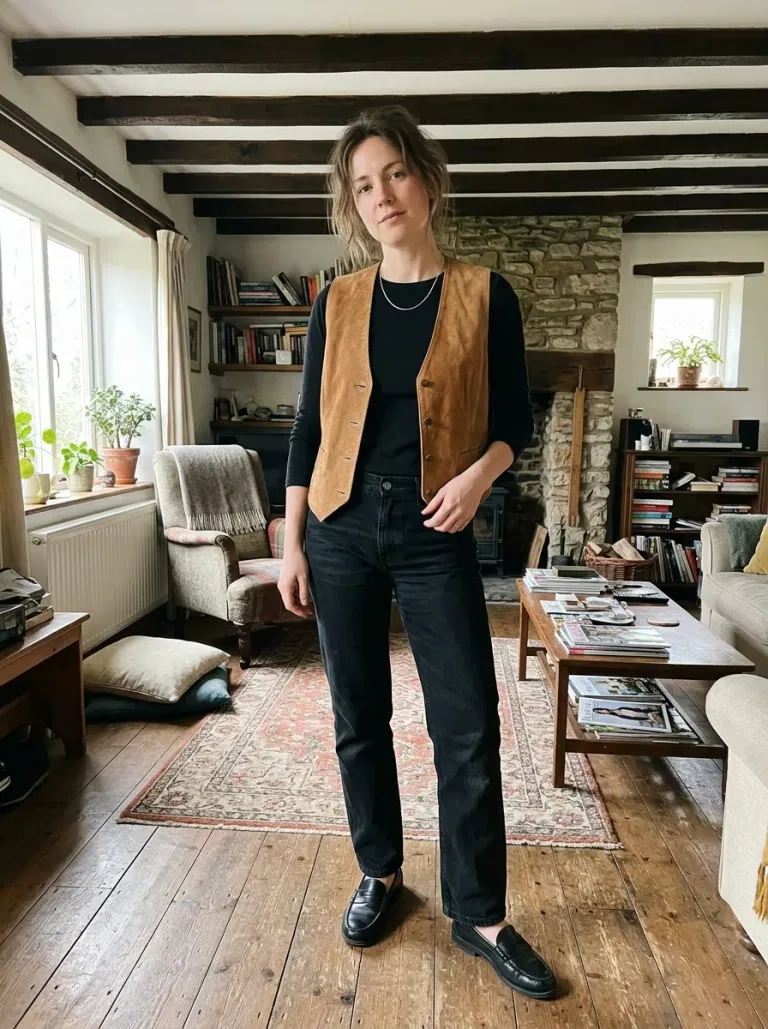 Tan Suede Waistcoat with Black Denim