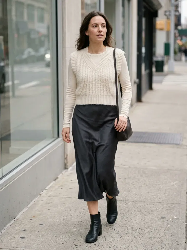 Ivory Cropped Sweater Vest with Charcoal Satin Midi Skirt