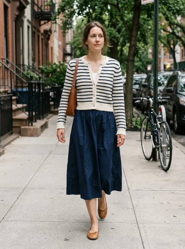 Cream-And-Navy Striped Cropped Cardigan with Navy Poplin Midi Skirt