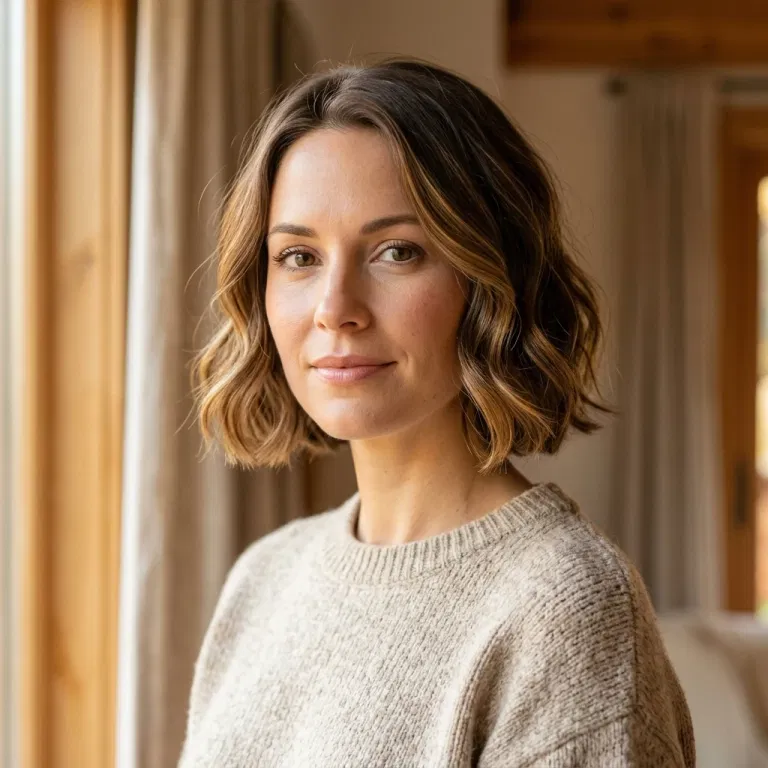 Woman wearing a polished jaw-length bob with warm highlights