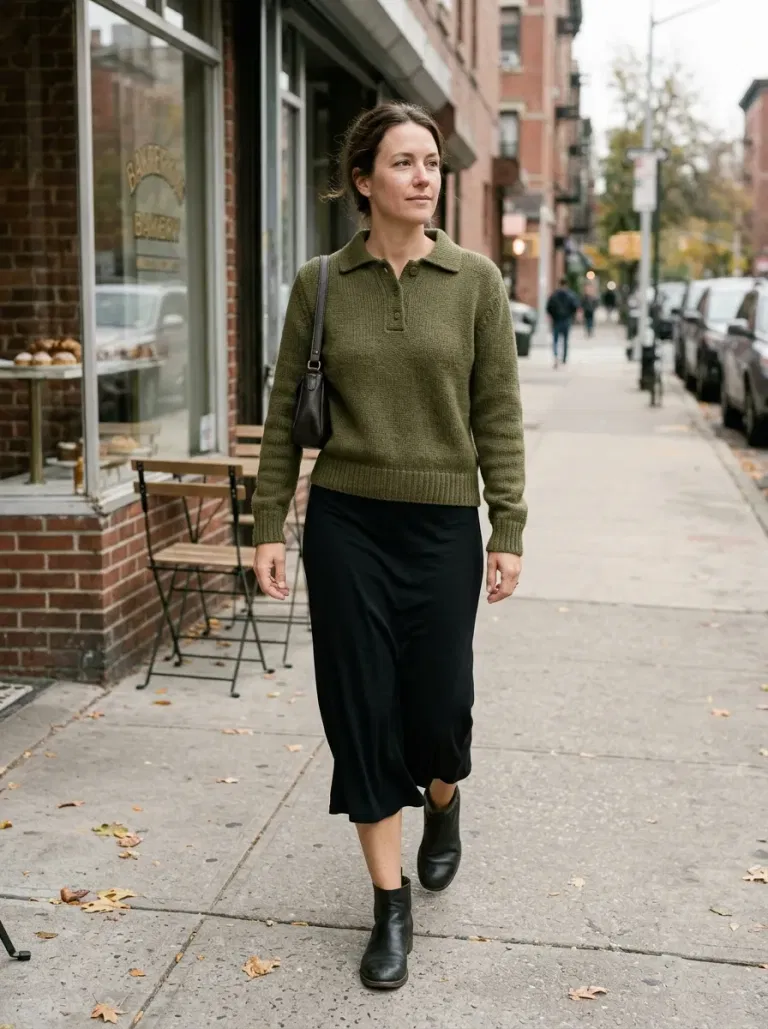 Olive Knitted Polo Sweater with Black Jersey Midi Skirt