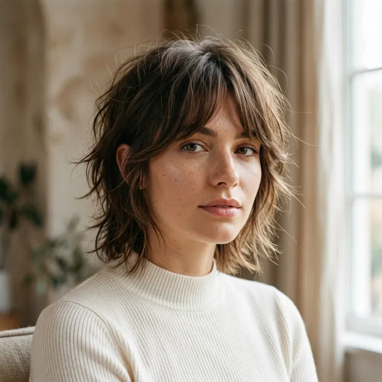 Woman wearing a short shag haircut with a curtain fringe