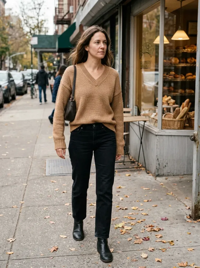 Camel V-Neck Sweater with Black Straight Jeans