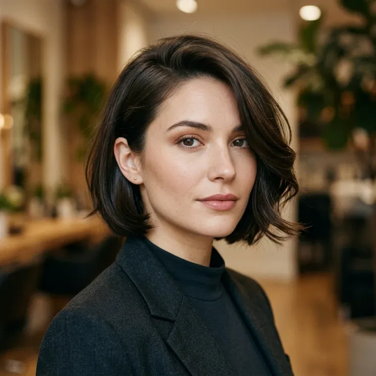 Short bob with a deep side part and one side tucked behind the ear