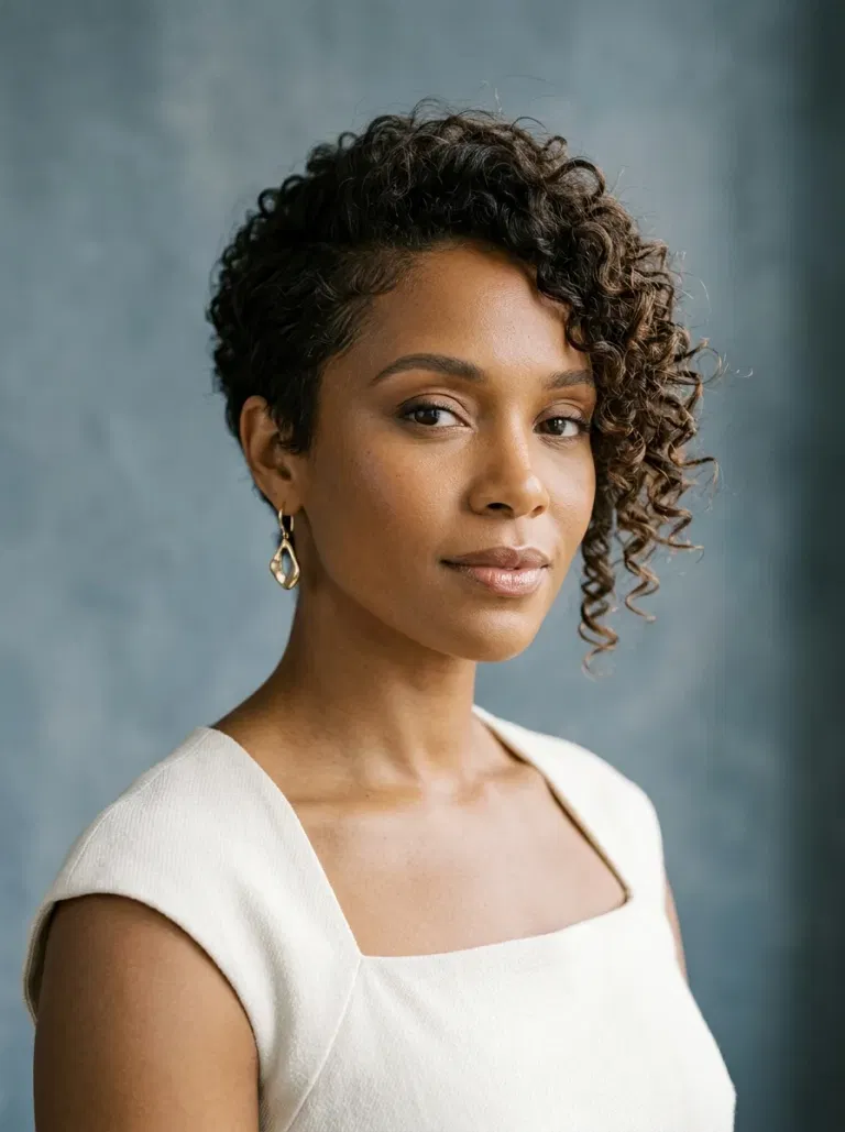 Black woman wearing a curly pixie bob hairstyle