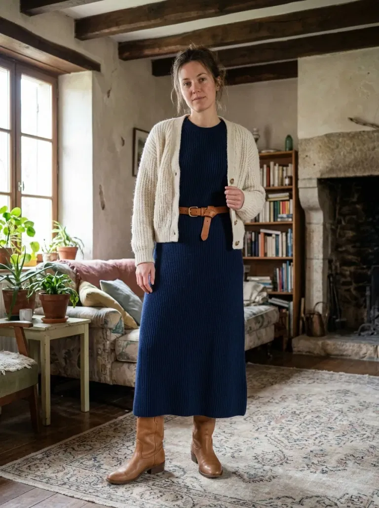 Navy Sweater Dress and Tan Western Boots