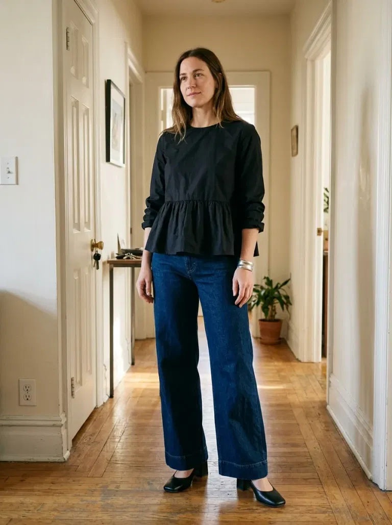Black Peplum Blouse with Wide Denim