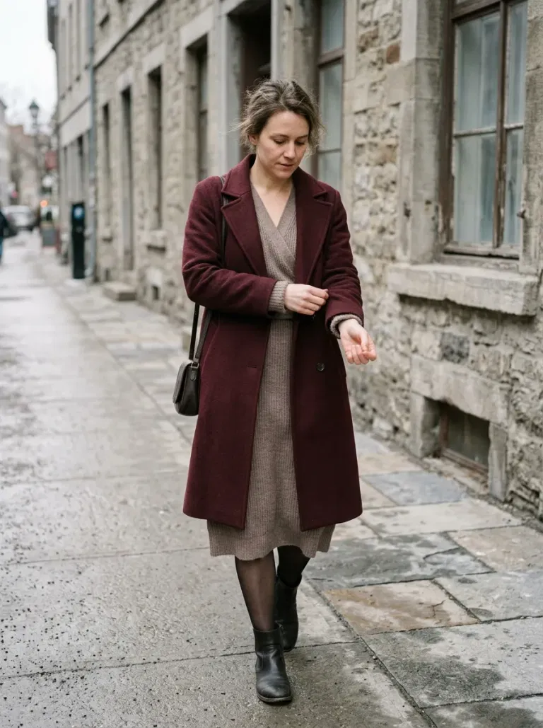 Taupe Wrap Sweater Dress with Burgundy Wool Coat