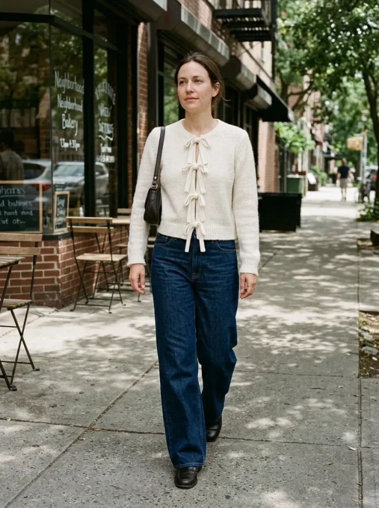 Ivory Bow-Front Cardigan with Dark Indigo Wide-Leg Jeans