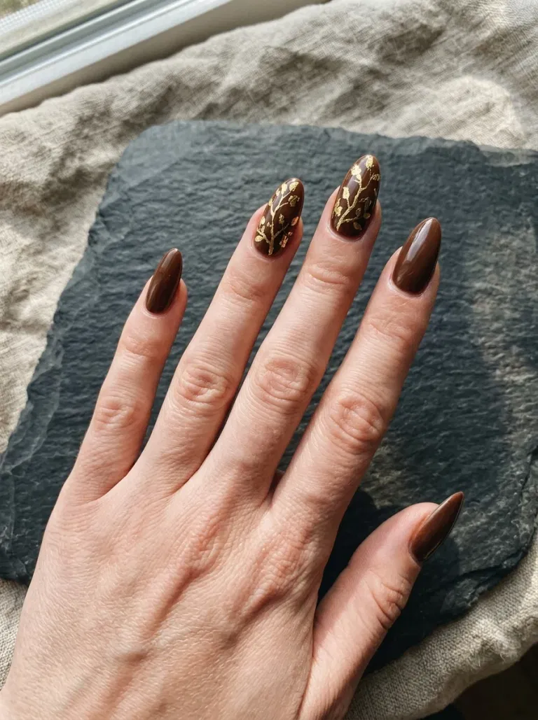Walnut with Fine Gold Branches nail design
