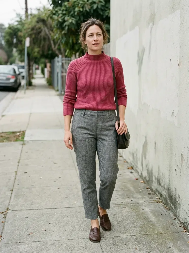 Raspberry Ribbed Mock-Neck Sweater with Grey Checked Ankle Trousers