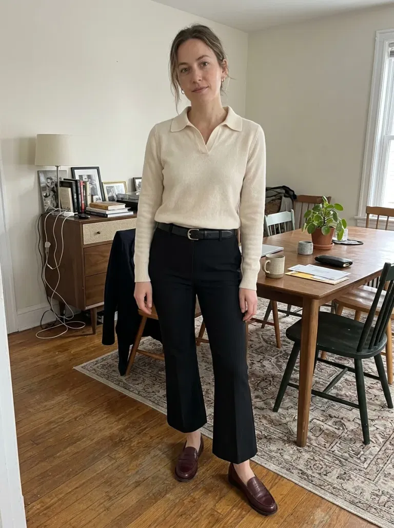 Cream Polo Sweater and Black Kick Flares