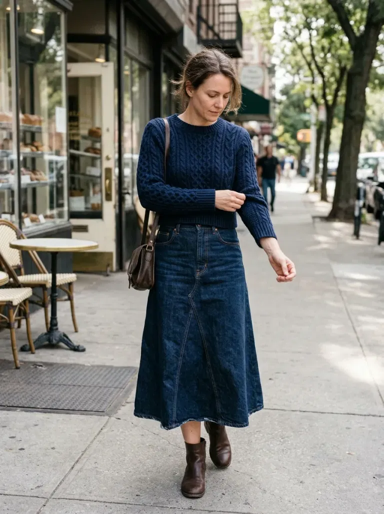 Navy Blue Cropped Cable Sweater with Dark Denim A-Line Midi Skirt