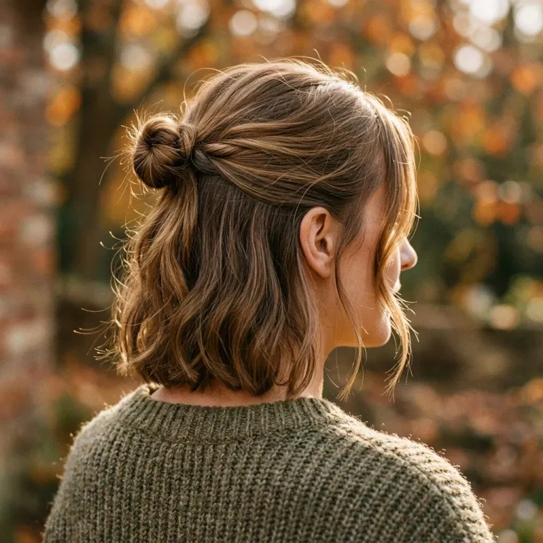 Short hair styled in a half-up knot with face-framing pieces