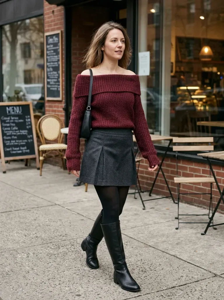 Burgundy Off-The-Shoulder Sweater with Charcoal Tailored Mini Skirt