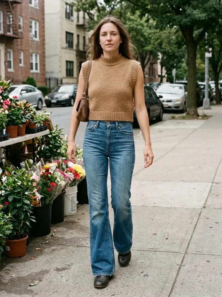 Camel Cropped Sleeveless Sweater with High-Rise Medium-Wash Flared Jeans