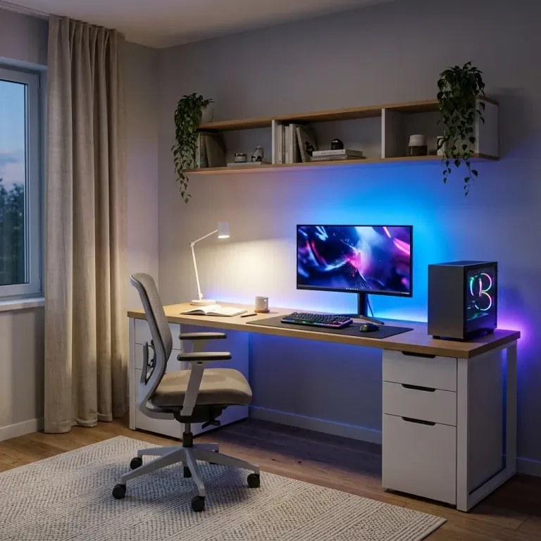 White gaming workstation with neutral task lighting and blue LED monitor backlighting for evening gaming