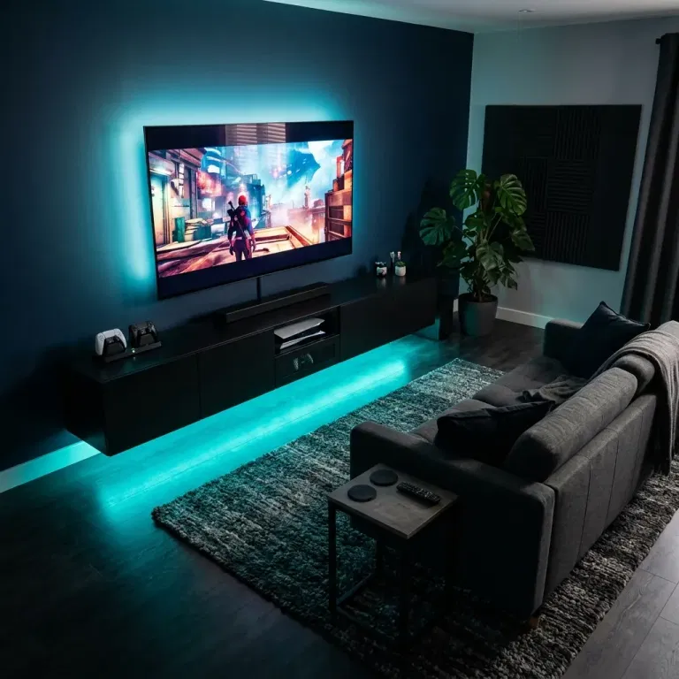 Console gaming lounge with teal LED lighting under the floating television cabinet and behind the TV